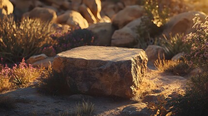 Obraz premium Beautiful Stone Surrounded by Colorful Flowers in a Golden Hour Landscape Setting