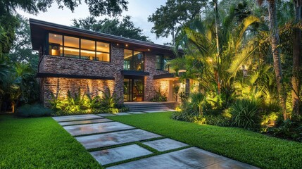 Fototapeta premium A modern home surrounded by lush greenery and illuminated pathways, merging contemporary architecture with natural elements.