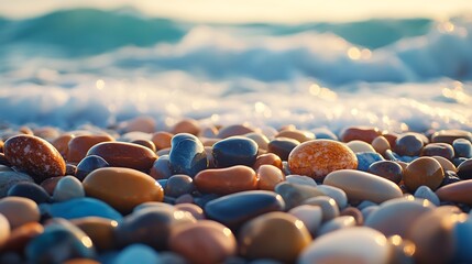 Fototapeta premium A close-up of colorful pebbles on a beach, their smooth, polished surfaces shining in the sunlight with soft waves in the background.