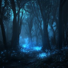 Ethereal forest with glowing bioluminescent trees, enchanting night scene