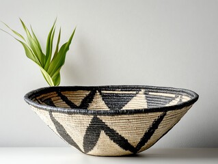 Fototapeta premium Handwoven basket with geometric patterns used as wall decor, natural accents