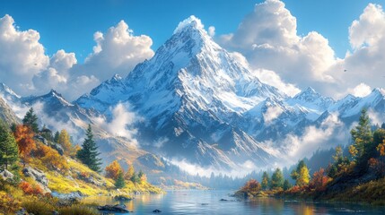 Fototapeta premium Majestic snow-capped mountain, autumnal lake, serene landscape.