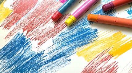 Fototapeta premium A cluster of vibrant crayons scattered across a child's drawing, with paper textures and pencil marks clearly visible.