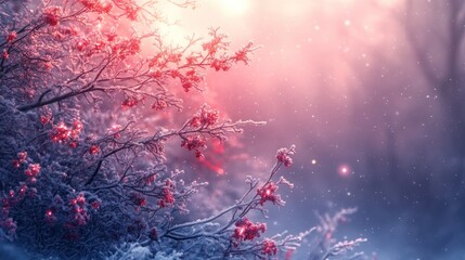Frozen winter branches, red berries, snowy scene.