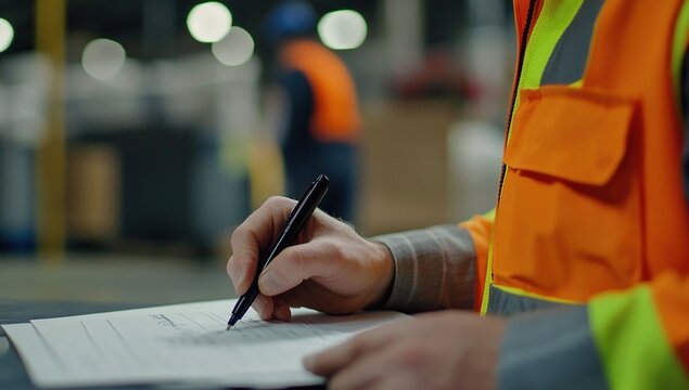 Worker Fills Out Form Carefully in Warehouse Setting, Completing Important Task Efficiently