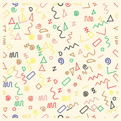 Colorful abstract doodle with various shapes and lines on a cream background, An eye-catching pattern composed of diverse shapes and lines in bright colors, offering a visually stimulating experience.