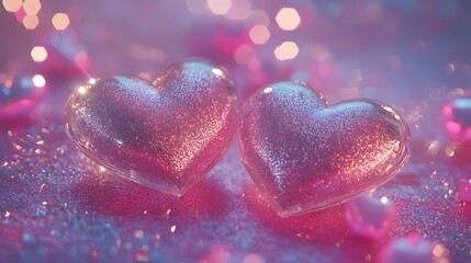 Obraz premium Two Glittering Hearts Resting on Pink Glitter