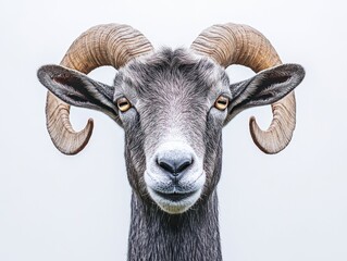 A close-up portrait of a ram showcasing its distinct horns and expressive features.