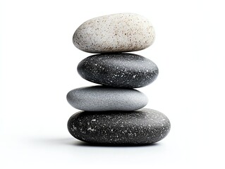 Smooth pebble balanced on another against a white background, balance and harmony