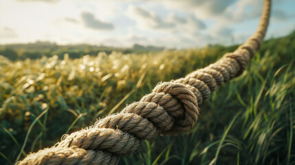 Fototapeta premium Close-up of thick rope against a scenic green field and cloudy sky