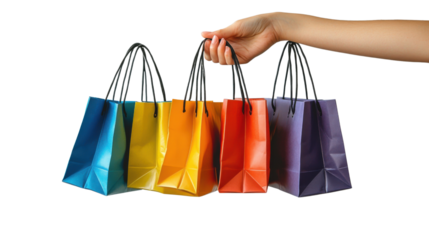 hand holding colorful bags isolated on white background