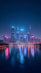 Fototapeta premium Bright city skyline at night with illuminated skyscrapers reflecting on a calm river, under a star-filled sky, creating a modern and vibrant HD phone wallpaper 