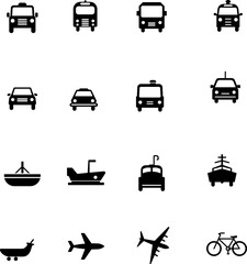 Vector design set of vehicle icons in monochrome style. cars, ships, planes, bicycles etc.