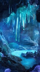 A stunning underwater cave scene illuminated by shimmering turquoise stalactites and surrounded by vibrant coral formations. The water reflects the ethereal light, creating a mystical atmosphere. The 