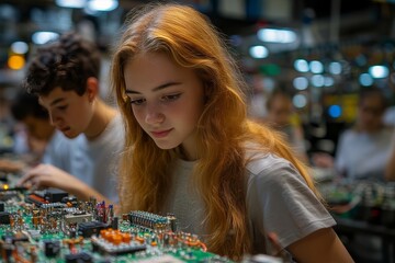 a girl assembling microchip components