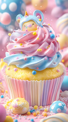Whimsical Cupcake Delight with Pastel Frosting and Edible Character Nestled in Sweet Peaks