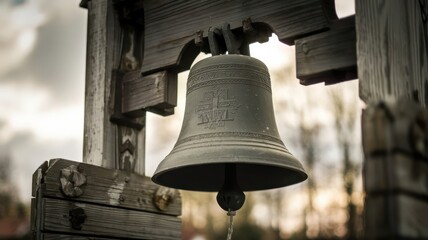 Obraz premium Old weathered bell hangs in wooden frame