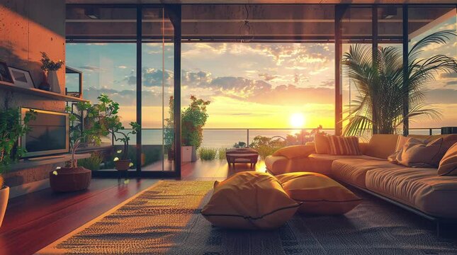 Cozy living room with a sofa and large window at sunset, warm atmosphere  
Seamless looping 4k time-lapse virtual video animation Generated AI