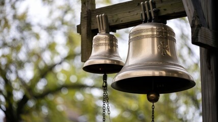 Two Ornate Brass Bells Hanging Outdoors