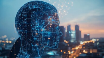 Digital human head silhouette with circuitry over cityscape at dusk