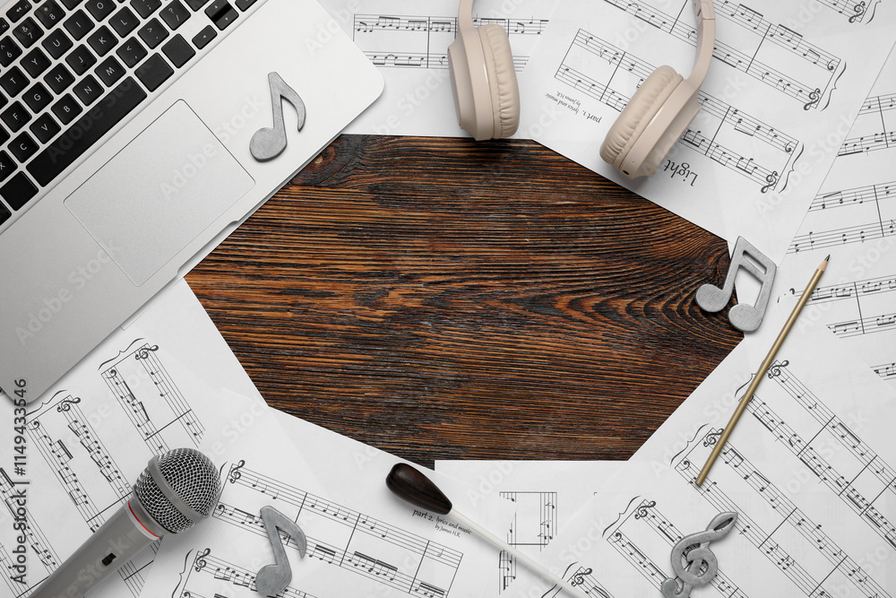 Canvas Prints Frame made of music sheets with headphones, laptop and microphone on wooden background