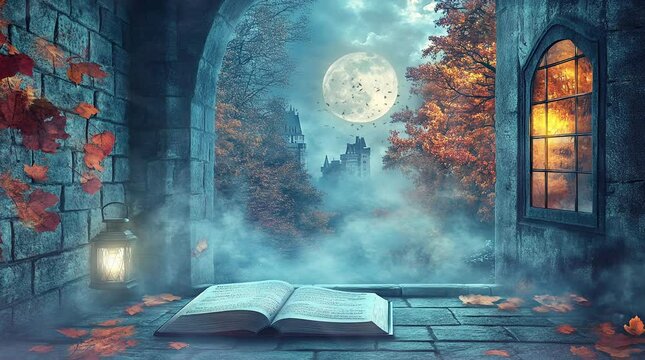 Misty lush forest under full moon seen from ancient castle window at night  
Seamless looping 4k time-lapse virtual video animation Generated AI