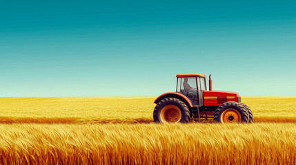 Obraz premium classic tractor in a golden wheat field under a clear blue sky