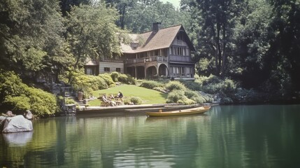 Obraz premium Nostalgic 1920s Lakeside Serenity: Vintage Wooden Boat, Couple Picnicking, Tranquil Waters & Lush Greenery