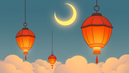 Obraz premium Lantern Night: A serene night sky with a crescent moon, adorned with glowing lanterns, evokes tranquility and celebration. The soft light illuminates the clouds, suggesting a peaceful atmosphere. 