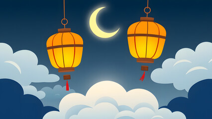 Obraz premium Night Sky Lanterns: Two glowing lanterns hang in the night sky, illuminated by the soft glow of the moon. Clouds drift gently, creating a serene and peaceful atmosphere. The lanterns symbolize hope.