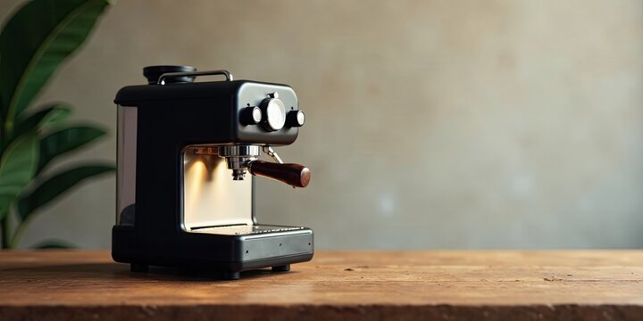 A sleek espresso machine sits on a rustic wooden surface, ready to brew a rich and aromatic beverage. The warm lighting enhances the machine's modern design and the inviting ambiance.