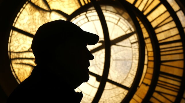 Stylized clock inside human silhouette symbolizes the passage of time and its impact on human life, representing the balance between moments and existence