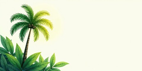 Fototapeta premium Serene Tropical Palm Tree and Lush Foliage Illustration Perfect for Summer Designs or Vacation Themed Projects