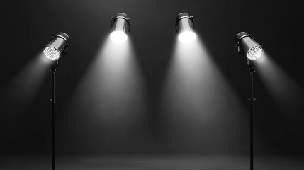 Stage lights illuminate a dark space during a theatrical performance setup. 