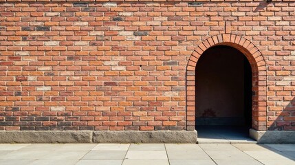 A sunlit arched brick entryway into a shadowed recess, nestled within a rustic brick wall, beside a paved walkway