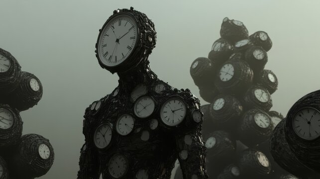 Stylized clock inside human silhouette symbolizes the passage of time and its impact on human life, representing the balance between moments and existence