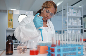 Scientist, test tube and science in lab for experiment, biotechnology and cancer research...