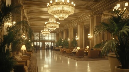 Luxurious 1920s Hotel Lobby with Ornate Chandeliers and Elegant Guests Checking In