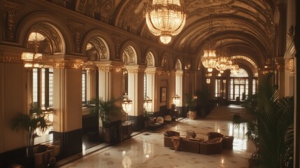 Grandeur of the Roaring Twenties: Luxurious 1920s Hotel Lobby with Elegant Guests and Ornate Chandeliers