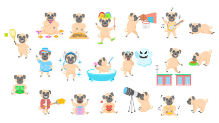 Big Set Abstract Collection Flat Cartoon Different Animal Pug Dogs Puppy Vector Design Style Elements Fauna Wildlife