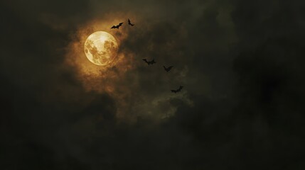 Bats flying near a large full moon at night