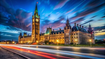 Fototapeta premium Ottawa Wellington Building Night Long Exposure Photography, Canadian Parliament Hill, May 19, 2023