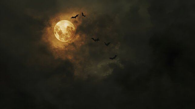 Bats flying near a large full moon at night