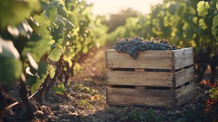 Wooden crate filled with harvested dark red grapes amongst sunlit rows of grapevines in a vineyard.
