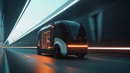 Obraz premium Futuristic autonomous electric shuttle driving through illuminated tunnel