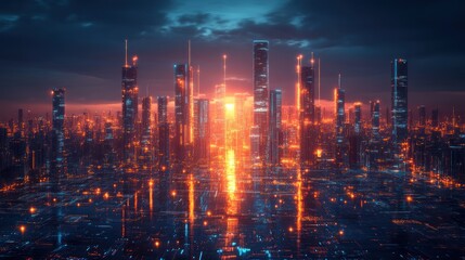 Fototapeta premium Futuristic cityscape at sunset, glowing circuits.