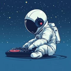 Fototapeta premium Astronaut DJ mixes music in outer space among the stars