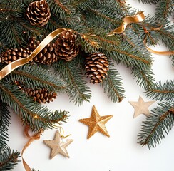 Christmas Festive Background- Golden Stars Pine Cones