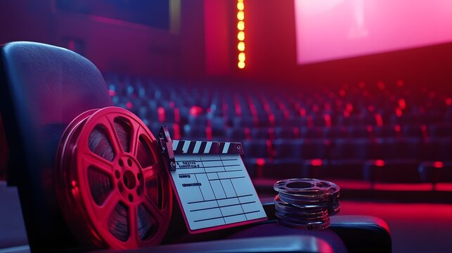 Film reel and clapperboard in empty cinema seats