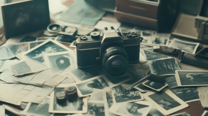 Nostalgic 1920s Photography Passion - Vintage Camera Close-up with Film Rolls and Photographs on Table